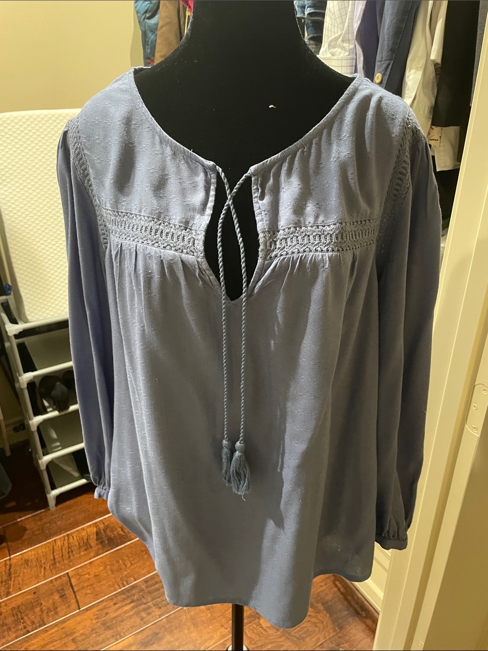 Flowy blue lucky brand top with front tassels and Lacey
 design